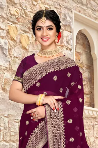 Women'S Purple Zari Resham Embroidered Georgette Saree With Blouse Piece By Manu Fashion Era