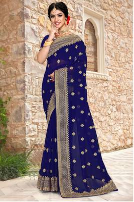 Women'S Navy Blue Zari Resham Embroidered Georgette Saree With Blouse Piece By Manu Fashion Era 1
