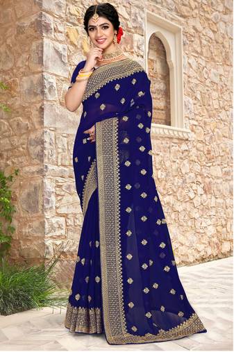 Women'S Navy Blue Zari Resham Embroidered Georgette Saree With Blouse Piece By Manu Fashion Era
