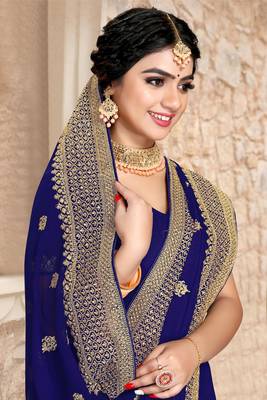 Women'S Navy Blue Zari Resham Embroidered Georgette Saree With Blouse Piece By Manu Fashion Era 2