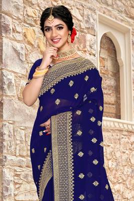 Women'S Navy Blue Zari Resham Embroidered Georgette Saree With Blouse Piece By Manu Fashion Era 3