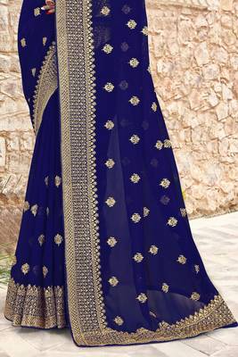Women'S Navy Blue Zari Resham Embroidered Georgette Saree With Blouse Piece By Manu Fashion Era 4