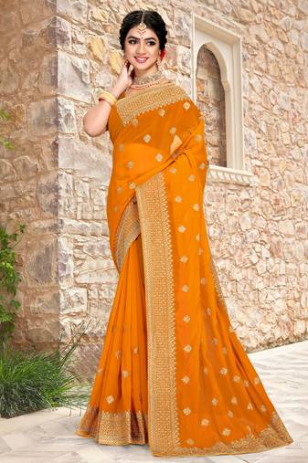 Women'S Mustard Zari Resham Embroidered Georgette Saree With Blouse Piece By Manu Fashion Era