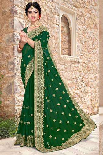 Women'S Bottle Green Zari Resham Embroidered Georgette Saree With Blouse Piece By Manu Fashion Era