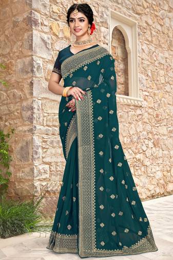 Women'S Teal Blue Zari Resham Embroidered Georgette Saree With Blouse Piece By Manu Fashion Era