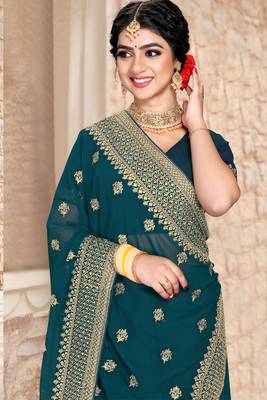 Women'S Teal Blue Zari Resham Embroidered Georgette Saree With Blouse Piece By Manu Fashion Era 2