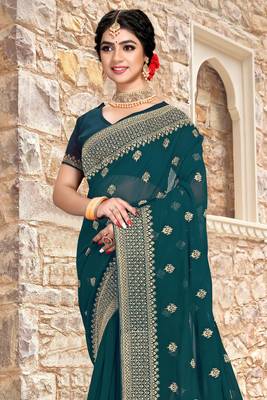 Women'S Teal Blue Zari Resham Embroidered Georgette Saree With Blouse Piece By Manu Fashion Era 3