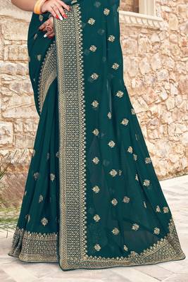 Women'S Teal Blue Zari Resham Embroidered Georgette Saree With Blouse Piece By Manu Fashion Era 4