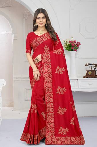 Women'S Red Zari Resham Embroidered Vichitra Silk Party Wear Saree With Blouse Piece By Manu Fashion Era