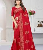 Women'S Red Zari Resham Embroidered Vichitra Silk Party Wear Saree With Blouse Piece By Manu Fashion Era