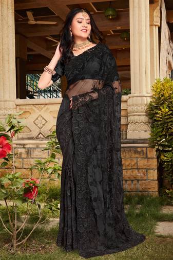 Womens'S Black Zari Resham Stone Embroidered Net Party Wear Saree With Blouse Piece By Manu Fashion Era