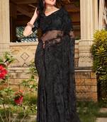 Womens'S Black Zari Resham Stone Embroidered Net Party Wear Saree With Blouse Piece By Manu Fashion Era