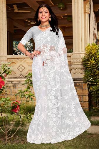 Womens'S White Zari Resham Stone Embroidered Net Party Wear Saree With Blouse Piece By Manu Fashion Era