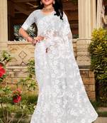 Womens'S White Zari Resham Stone Embroidered Net Party Wear Saree With Blouse Piece By Manu Fashion Era