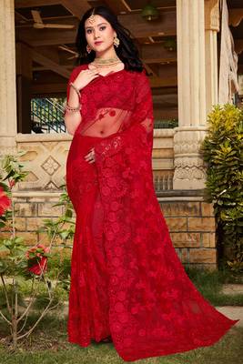 Womens'S Red Zari Resham Stone Embroidered Net Party Wear Saree With Blouse Piece By Manu Fashion Era 1