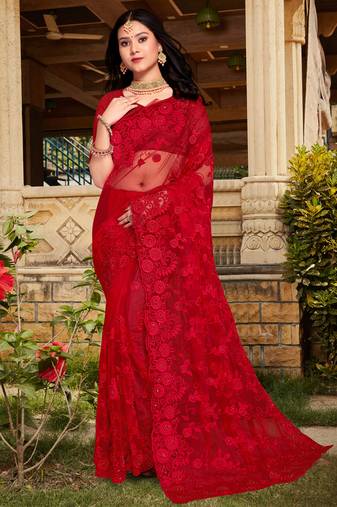 Womens'S Red Zari Resham Stone Embroidered Net Party Wear Saree With Blouse Piece By Manu Fashion Era