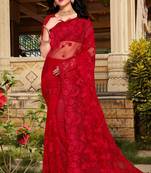 Womens'S Red Zari Resham Stone Embroidered Net Party Wear Saree With Blouse Piece By Manu Fashion Era