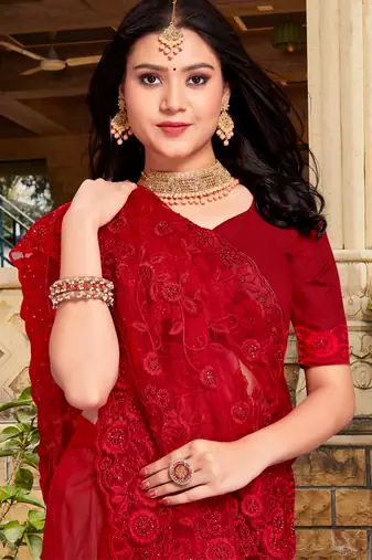 Womens'S Red Zari Resham Stone Embroidered Net Party Wear Saree With Blouse Piece By Manu Fashion Era