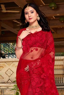 Womens'S Red Zari Resham Stone Embroidered Net Party Wear Saree With Blouse Piece By Manu Fashion Era 3