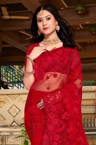 Womens'S Red Zari Resham Stone Embroidered Net Party Wear Saree With Blouse Piece By Manu Fashion Era