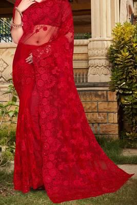 Womens'S Red Zari Resham Stone Embroidered Net Party Wear Saree With Blouse Piece By Manu Fashion Era 4