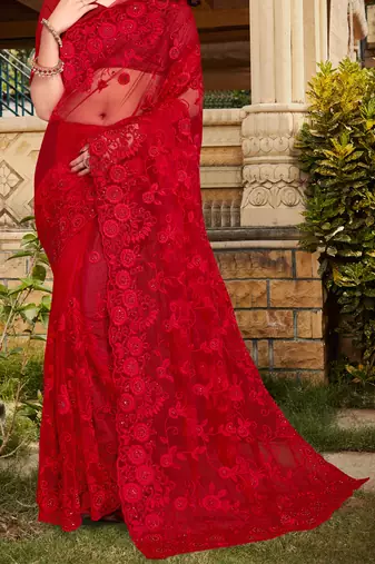Womens'S Red Zari Resham Stone Embroidered Net Party Wear Saree With Blouse Piece By Manu Fashion Era