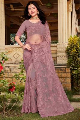 Womens'S Lavender Zari Resham Stone Embroidered Net Party Wear Saree With Blouse Piece By Manu Fashion Era 1