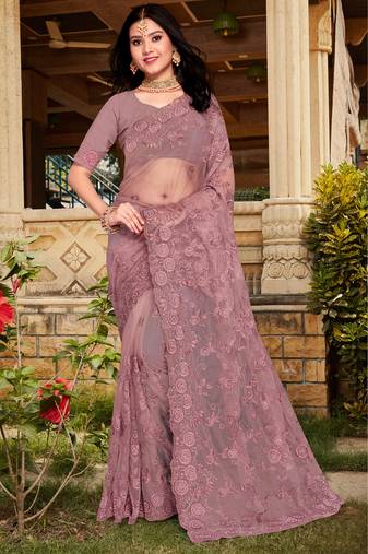 Womens'S Lavender Zari Resham Stone Embroidered Net Party Wear Saree With Blouse Piece By Manu Fashion Era