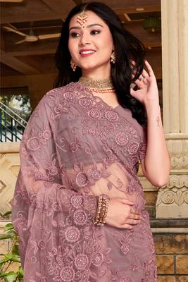 Womens'S Lavender Zari Resham Stone Embroidered Net Party Wear Saree With Blouse Piece By Manu Fashion Era 2
