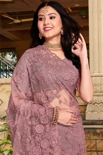 Womens'S Lavender Zari Resham Stone Embroidered Net Party Wear Saree With Blouse Piece By Manu Fashion Era