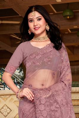 Womens'S Lavender Zari Resham Stone Embroidered Net Party Wear Saree With Blouse Piece By Manu Fashion Era 3