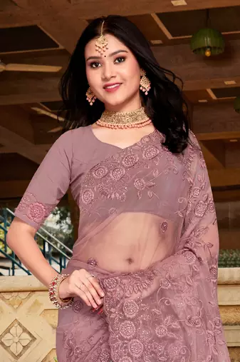 Womens'S Lavender Zari Resham Stone Embroidered Net Party Wear Saree With Blouse Piece By Manu Fashion Era