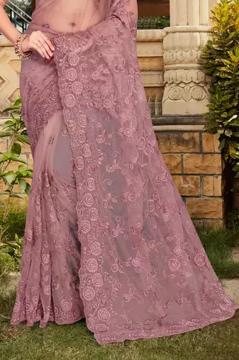 Womens'S Lavender Zari Resham Stone Embroidered Net Party Wear Saree With Blouse Piece By Manu Fashion Era