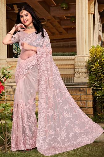 Womens'S Peach Zari Resham Stone Embroidered Net Party Wear Saree With Blouse Piece By Manu Fashion Era