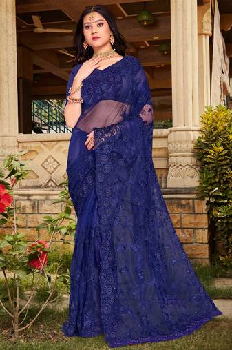 Womens'S Navy Blue Zari Resham Stone Embroidered Net Party Wear Saree With Blouse Piece By Manu Fashion Era