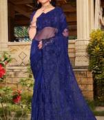 Womens'S Navy Blue Zari Resham Stone Embroidered Net Party Wear Saree With Blouse Piece By Manu Fashion Era