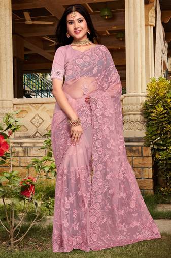 Womens'S Pink Zari Resham Stone Embroidered Net Party Wear Saree With Blouse Piece By Manu Fashion Era