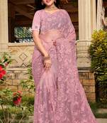 Womens'S Pink Zari Resham Stone Embroidered Net Party Wear Saree With Blouse Piece By Manu Fashion Era