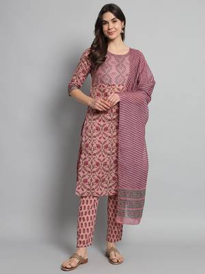 Pink Cotton Fabric Floral Printed work Straight cut Kurta, Pant and Dupatta Set 1