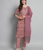 Pink Cotton Fabric Floral Printed work Straight cut Kurta, Pant and Dupatta Set