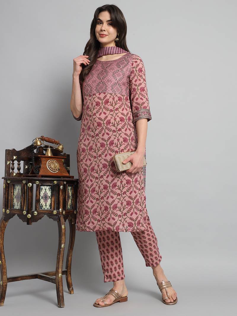 Pink Cotton Fabric Floral Printed work Straight cut Kurta, Pant and Dupatta Set