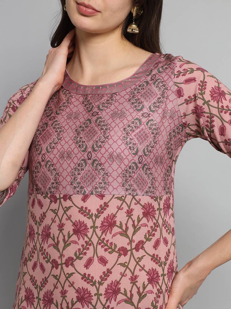 Pink Cotton Fabric Floral Printed work Straight cut Kurta, Pant and Dupatta Set