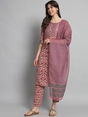 Pink Cotton Fabric Floral Printed work Straight cut Kurta, Pant and Dupatta Set 4