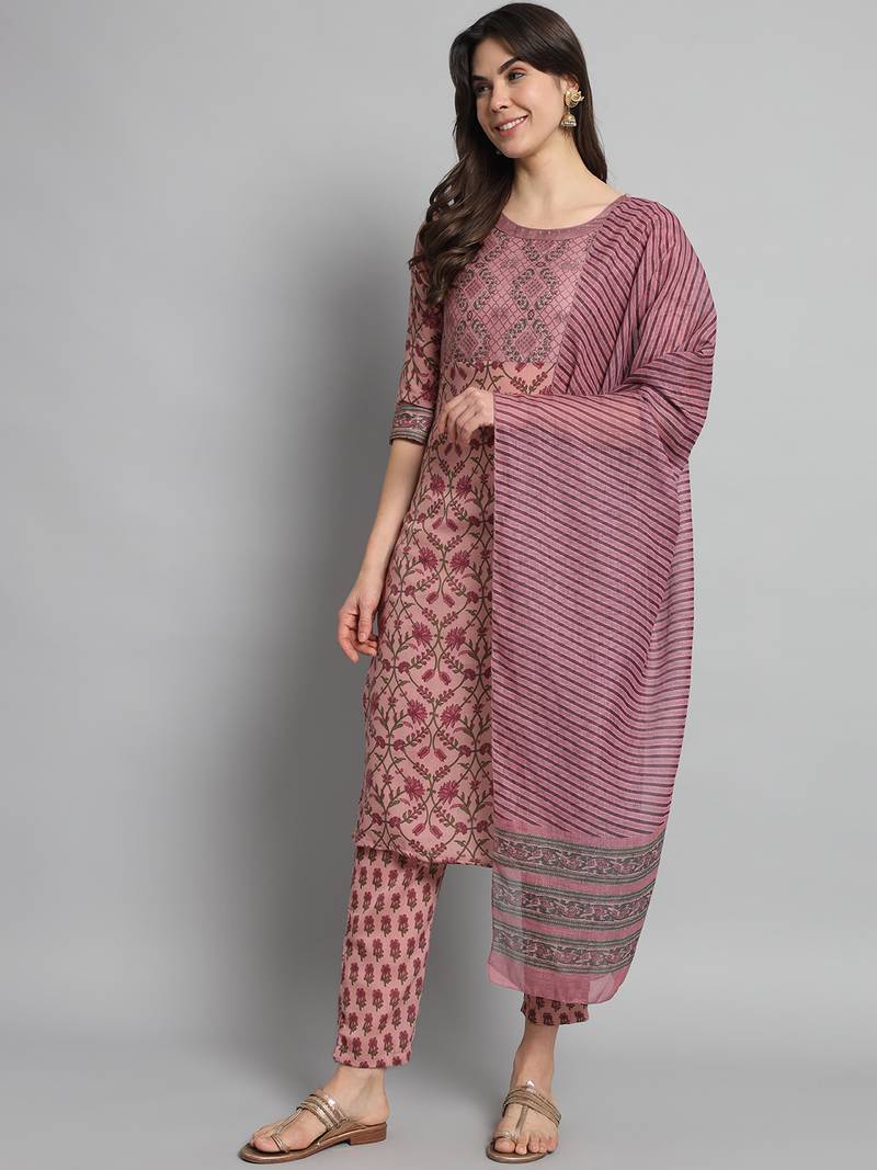 Pink Cotton Fabric Floral Printed work Straight cut Kurta, Pant and Dupatta Set