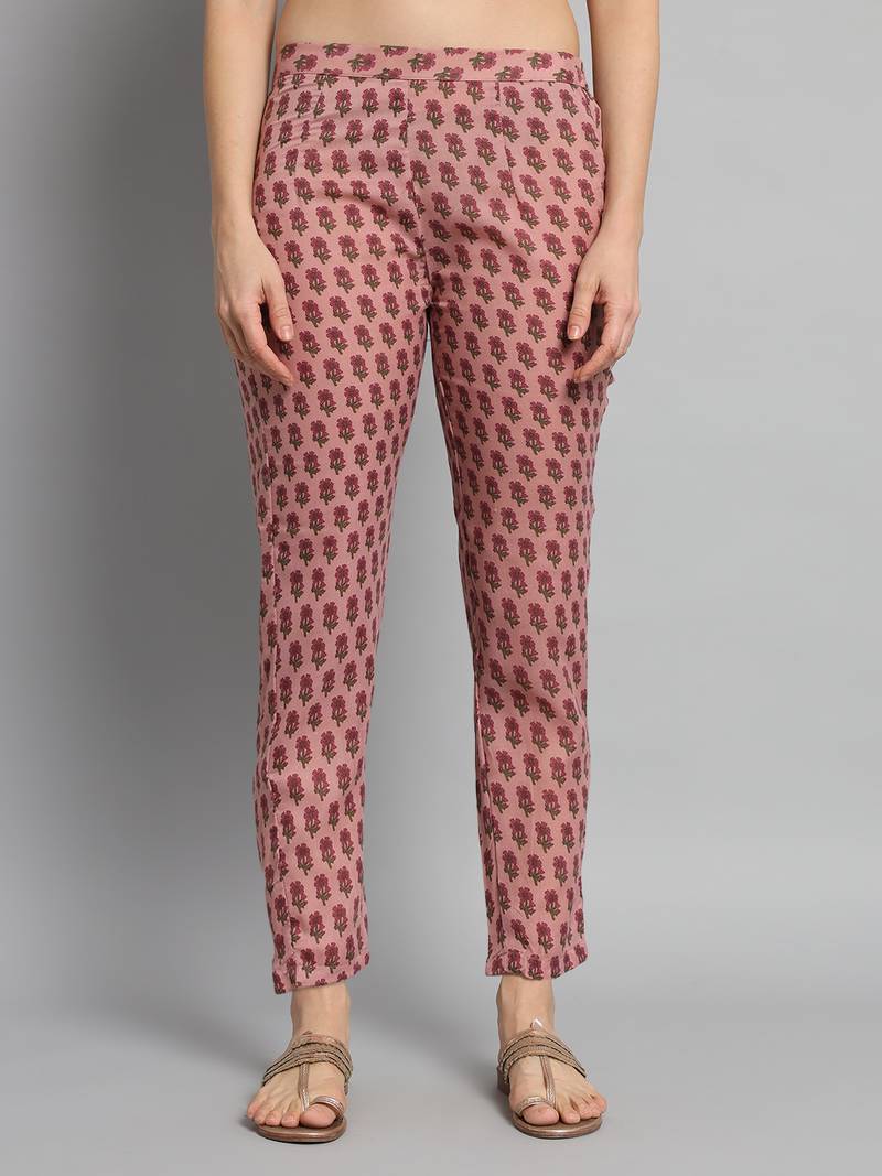 Pink Cotton Fabric Floral Printed work Straight cut Kurta, Pant and Dupatta Set