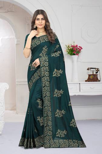 Women'S Rama Green Zari Resham Embroidered Vichitra Silk Party Wear Saree With Blouse Piece By Manu Fashion Era