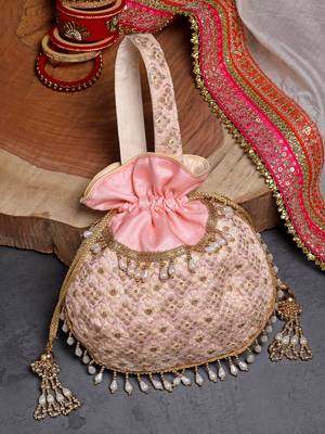Droop Salmon Pink & Gold Honeycomb Embroidered Faux Silk Potli 1
