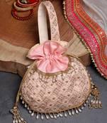 Droop Salmon Pink & Gold Honeycomb Embroidered Faux Silk Potli