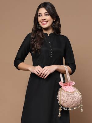 Droop Salmon Pink & Gold Honeycomb Embroidered Faux Silk Potli 2