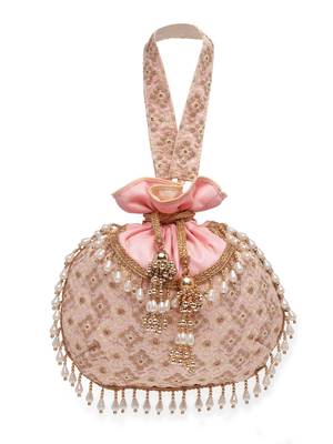 Droop Salmon Pink & Gold Honeycomb Embroidered Faux Silk Potli 3